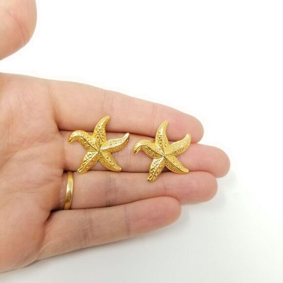 Vintage Starfish Gold Tone Post Earrings, Retro Beach Theme Studs, Estate - Picture 5 of 6